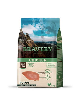 Bravery Chicken Puppy Large Medium беззерновой корм для щенков средних и больших пород 4 кг. | 6614566