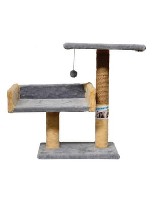 Когтеточка столбик с полочкой и диваном для котов Пухнастики Джут 30х38х50 см Серая | 6614782