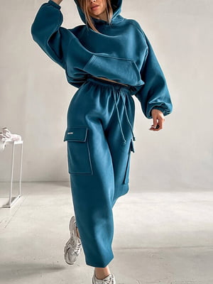 Бірюзовий костюм на флісі: худі та джогери з накладними кишенями  | 6615352
