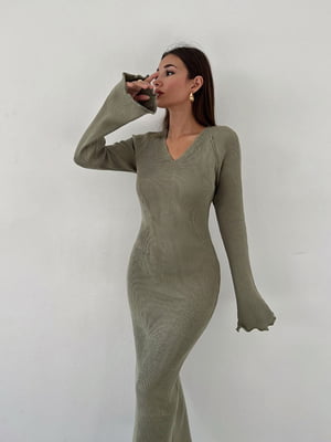 Сукня оливкового кольору з довгими розширеними рукавами | 6615379