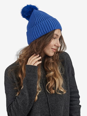 Зимняя вязаная шапка бини с помпоном синяя | 6615985