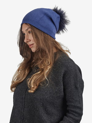 Зимняя вязаная шапка с помпоном синяя | 6615988
