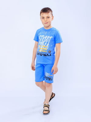 Комплект синий с принтом: футболка и шорты | 6616096