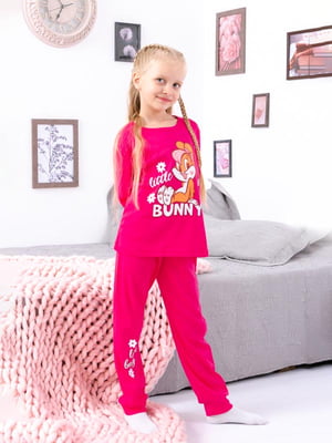 Пижама розовая с принтом: лонгслив и брюки | 6616169