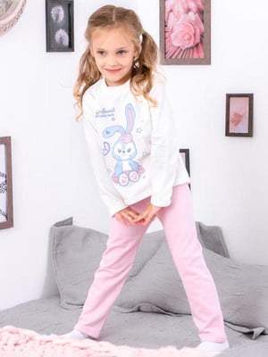 Пижама молочного цвета с принтом: лонгслив и брюки | 6616192