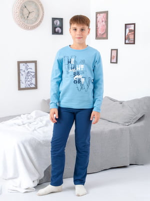 Піжама блакитна з принтом: лонгслів та штани | 6616357
