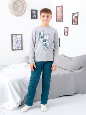 Піжама сіро-бірюзова з принтом: лонгслів та штани | 6616358