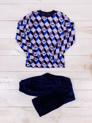 Пижама синяя в ромб: лонгслив и брюки | 6616368