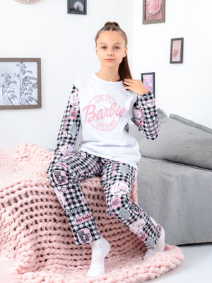 Пижама розовая в клетку с принтом: лонгслив и брюки | 6616498