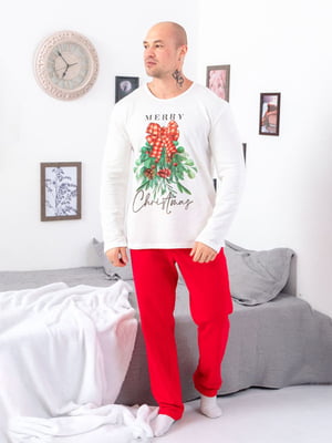 Піжама: білий лонгслів з принт і червоні штани | 6616552