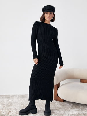 Вязаное черное платье-свитер oversize в широкий рубчик | 6616614