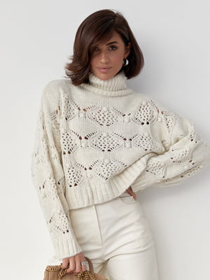 Ажурний светр молочного кольору із застібкою з боків | 6616616