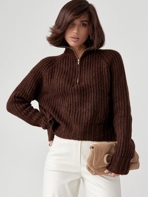 Коричневий трикотажний светр oversize з коміром на блискавці | 6616619