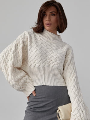 Укорочений светр кремового кольору з суцільнокроєними рукавами | 6616652
