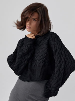 Укорочений чорний светр із суцільнокроєними рукавами | 6616654