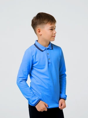 Яркая синяя футболка-поло с длинными рукавами с полосатым принтом на рукавах и воротнике | 6617997