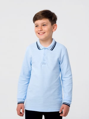 Голубая футболка-поло с длинными рукавами с контрастными полосами на воротнике и манжетах | 6618229