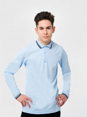 Голубая футболка-поло с длинными рукавами и контрастными полосами на воротнике и манжетах | 6618230