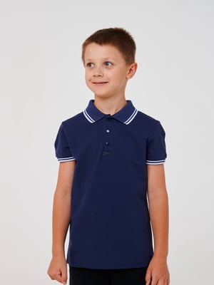 Темно-синяя футболка-поло с контрастными полосами на воротнике и манжетах | 6618550