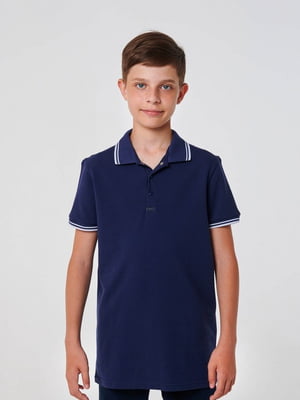 Темно-синяя футболка-поло с  контрастными полосами на воротнике и манжетах | 6618551