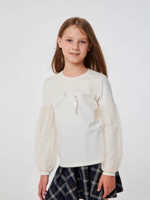 Блуза молочного кольору з повітряними рукавами з євросітки | 6618576