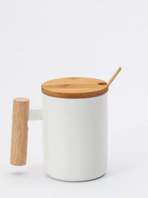 Кружка керамическая белая с деревянной ручкой, крышкой и ложкой (380 мл) | 6621431