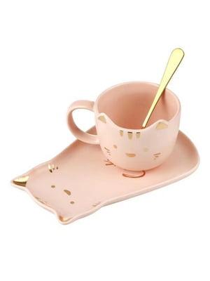 Набір "Котик": чашка, блюдце, ложка (рожевий) | 6623522