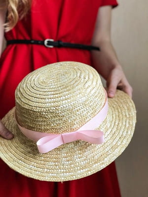 Соломенная шляпа-канотье розовая с лентой | 6623772