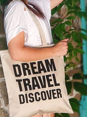 Эко сумка Dream and Travel (38х40 см) бежевая с текстовым принтом | 6623849