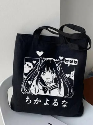 Еко сумка шоппер аніме Kawaii з принтом (39х34 см) чорна з принтом | 6623885