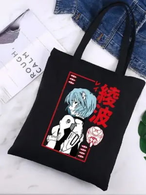 Эко сумка шоппер аниме с принтом Рей Аянами (39х34 см) черная с принтом | 6623893