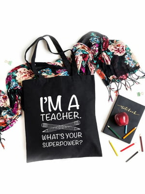 Еко сумка шоппер із принтом Я вчитель I am A Teacher Whats Superpower (39х34 см) чорна з принтом | 6623902