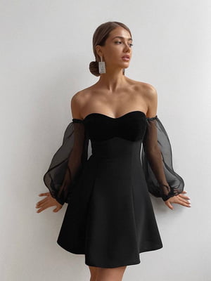 Платье А-силуэта черное с воздушными рукавами | 6628106