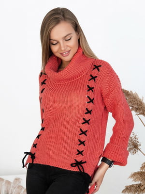 В'язаний кораловий светр з контрастною шнуровкою | 6628617