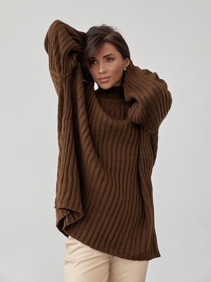 Вязаный коричневый свитер oversize в рубчик | 6629392