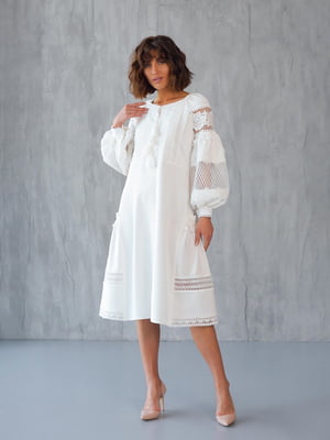 Сукня-міді біла мереживна з поясом | 6506254