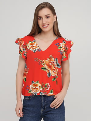 Блуза червона з квітковим принтом та рукавами-оборками | 5852368