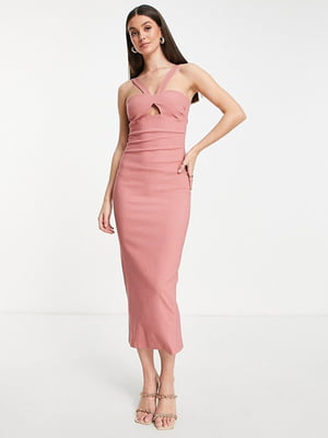 Розовое платье-миди с оригинальным лифом | 6303459