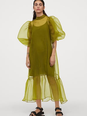 Полупрозрачное платье цвта хаки с подкладой | 6303548