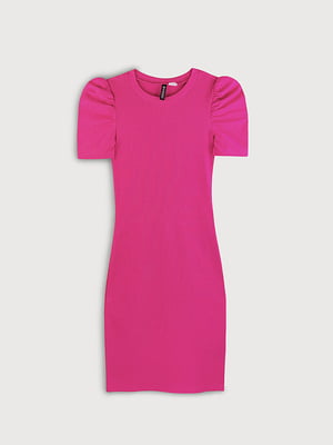 Платье розовое в рубчик с рукавом-фонариком | 6303628
