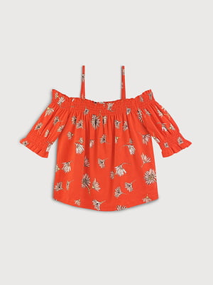 Оранжевая блуза в цветочный принт с открытыми плечами | 6630432