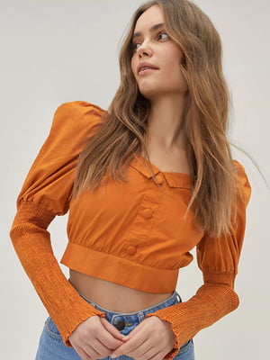 Укорочена помаранчева блуза з рукавами-ліхтариками | 6630494