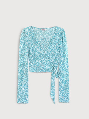 Блуза голубого цвета в цветочный принт с завязками на спине | 6630505