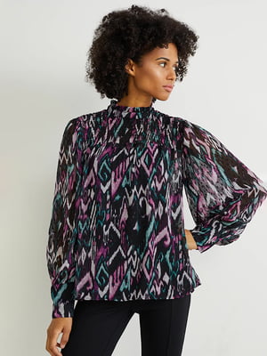 Шифоновая блуза в разноцветный абстрактный принт с широкими рукавами | 6630890