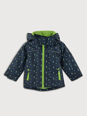 Темно-синя лижна куртка з яскраво-зеленим підкладом у принт-клітинку | 6630939