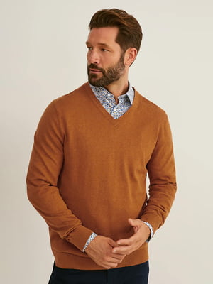 Комплект: коричневый свитер с V-образным вырезом, рубашка в мелкий принт | 6630981