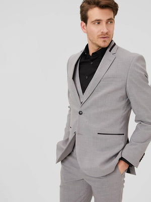 Серый классический пиджак slim fit с черными контрастными вставками и пуговицами | 6631064