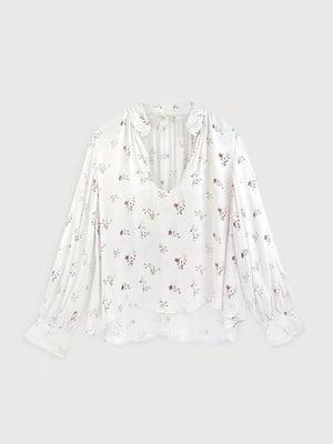 Белая блуза в цветочный принт с завязками на рукавах | 6631226