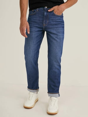 Прямі темно-сині джинси з потертостями | 6631343