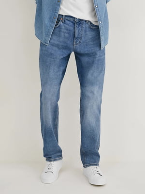Прямые синие джинсы с потертостями | 6631363
